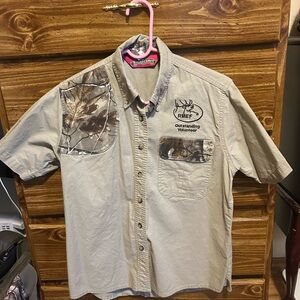 RMEF volunteer Beige Camo Accent Button Down Shirt